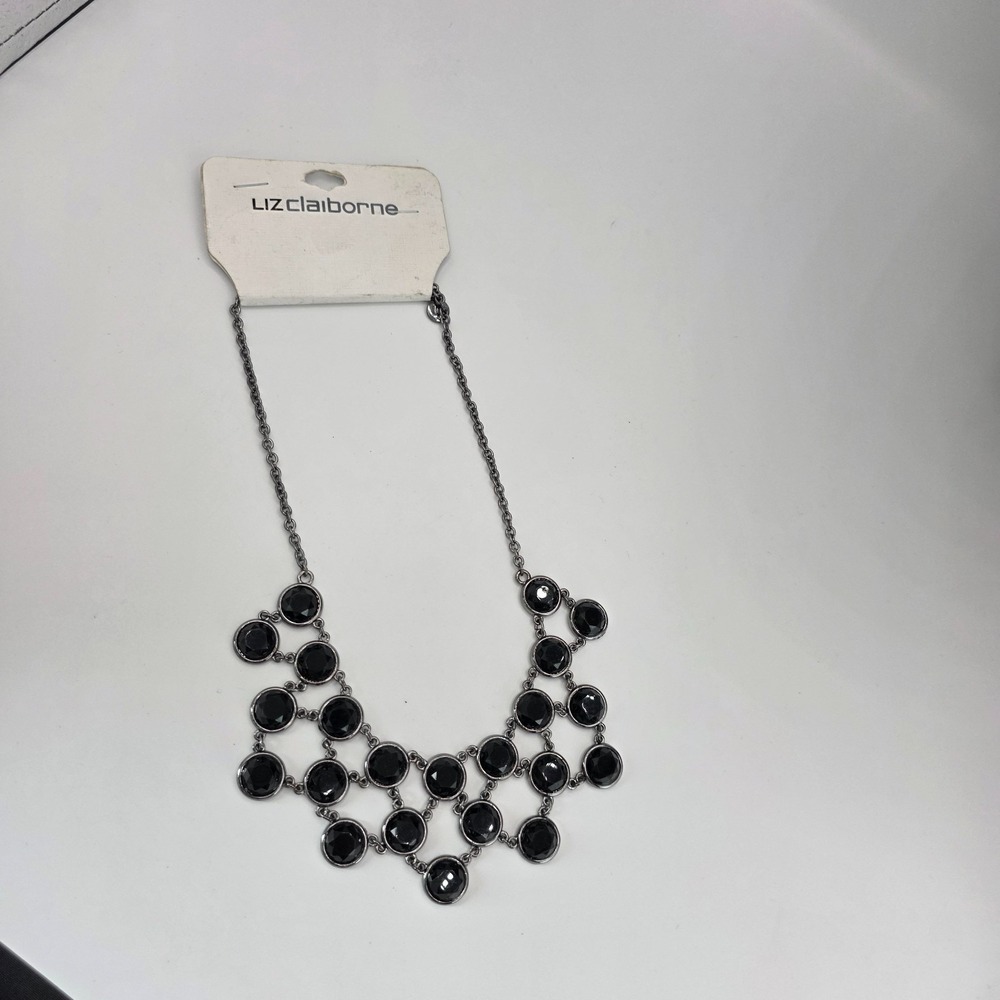 Liz Claiborne Womens Bib Silver Tone Black Rhinestone Chain Pendant Necklace 22" - Picture 4 of 10